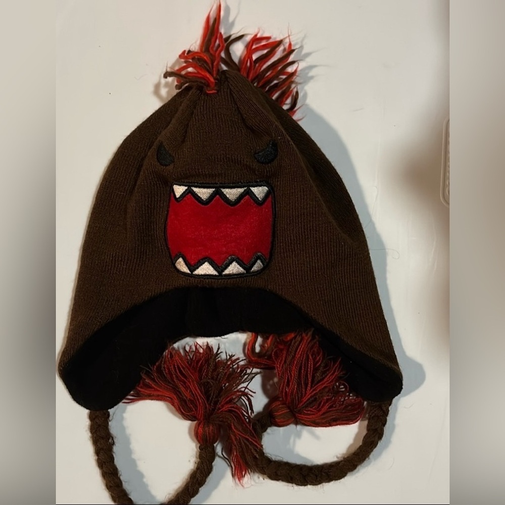 Rare - Domo Kun Big Face Fleece-Lined Lapland Beanie Hat Red Thread Mohawk OS